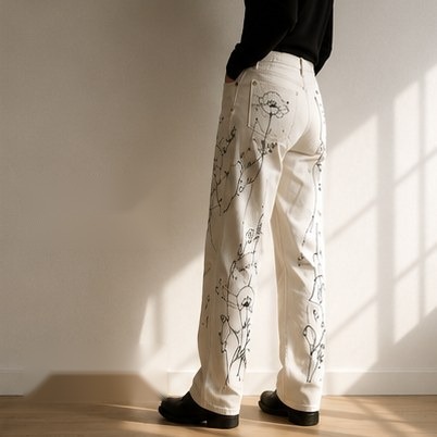 Model wearing NUVAK embroidered white denim in natural light