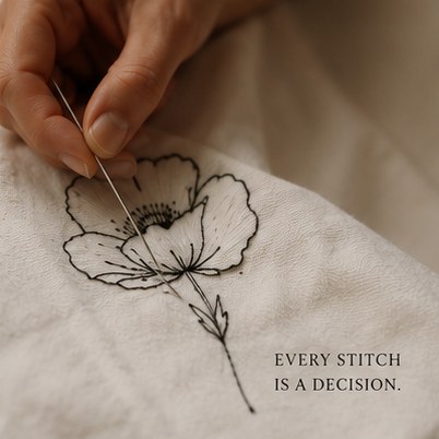 Hand stitching black floral embroidery onto white denim